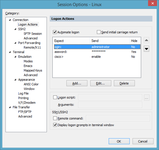 Screenshot showing Session Options Logon Actions