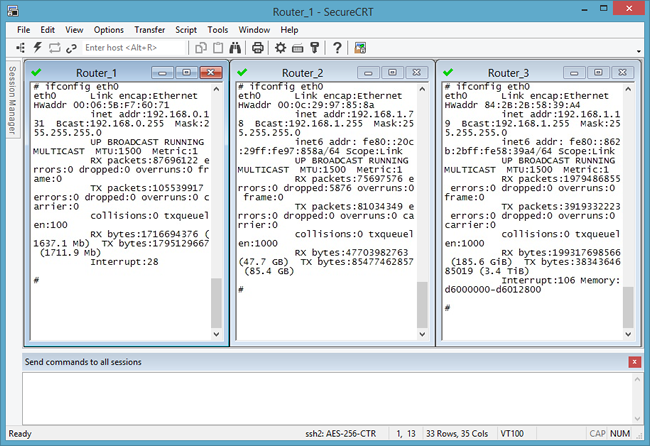 Screenshot of tiled sessions with Command window using Send Commands to All Sessions option