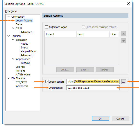 Screenshot showing Logon script field in Session Options/Logon Actions
