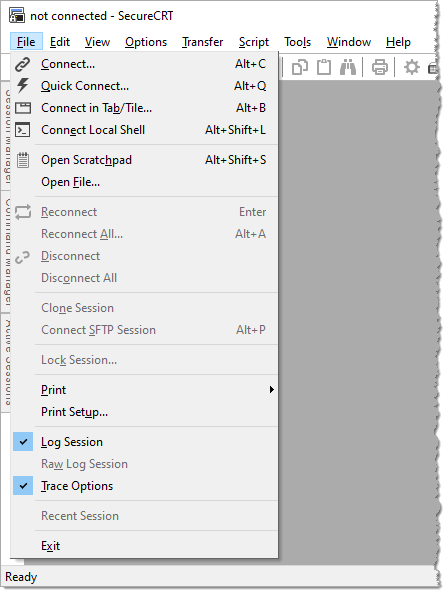 Screenshot showing the File menu with both Log Session and Trace Options selected