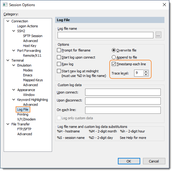 Screenshot showing Session Options menu with Timestamp each line selected and Trace level set to 9