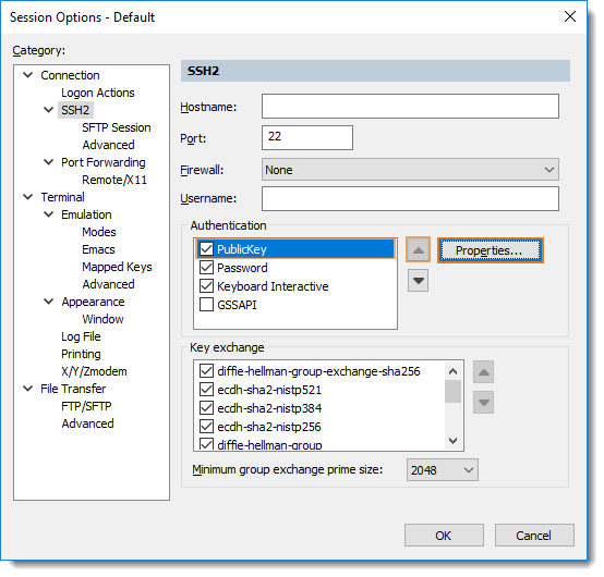 Default session options SSH2 category