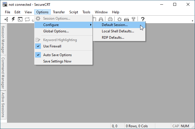 Screenshot showing SecureCRT's Options / Configure / Default Sessions... menu