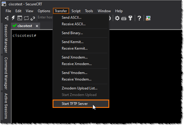 Screenshot showing the Transfer menu with Start TFTP Server selected